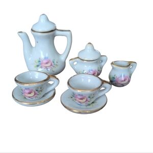 Vintage Miniature Porcelain Tea Set - 7 Piece Floral & Gold Trim